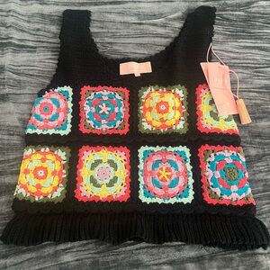 Bapy By Bape Black Crochet Square Motif Tank with Multicolor Accents Size M